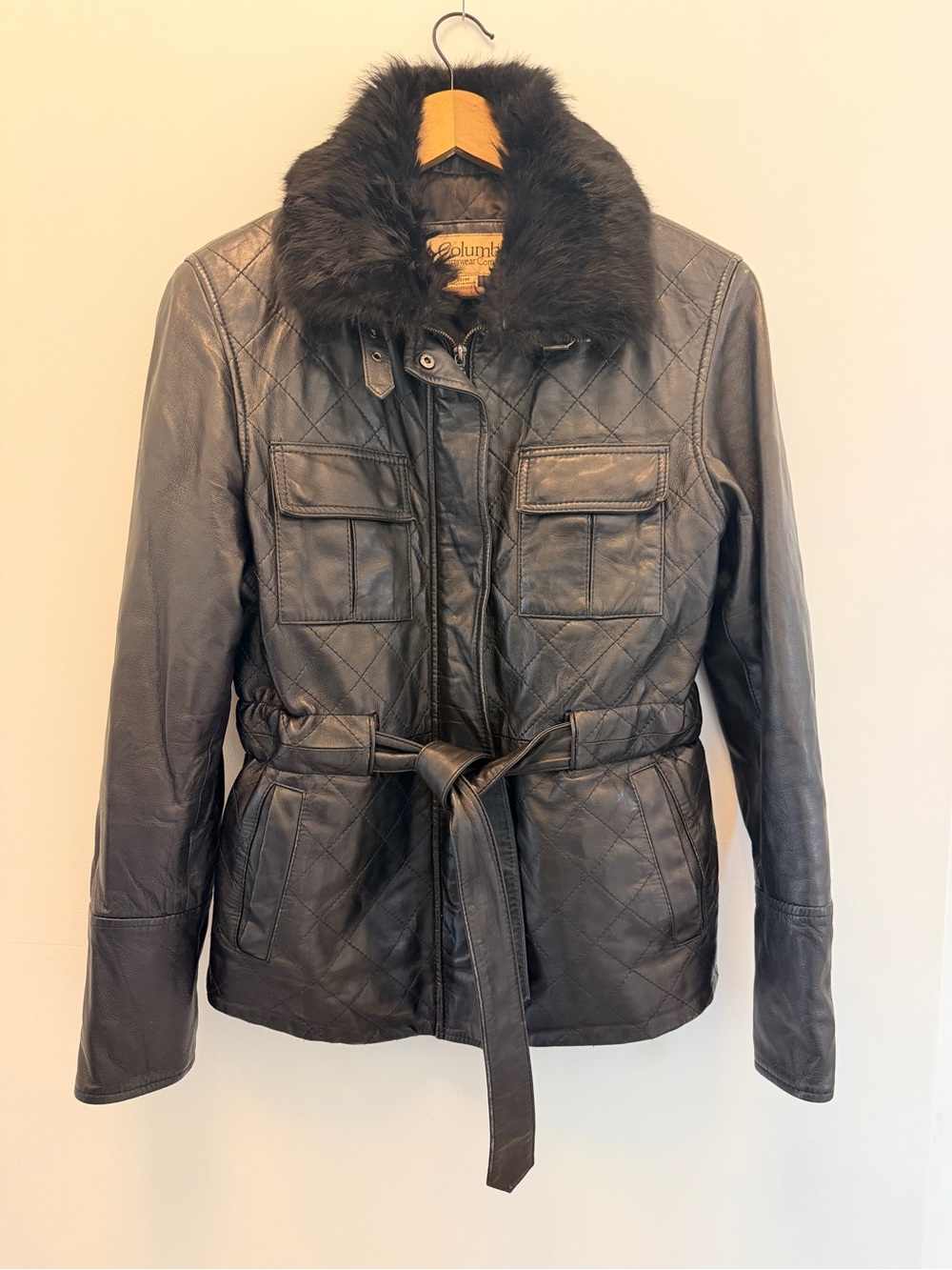 Columbia Women's Black Quilted Leather Jacket with Real Fur Collar and Belt